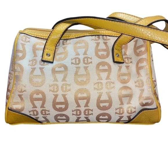 Etienne Aigner Satchel Bag Canvas Leather Signature Logo Print Gold P10 - Picture 2 of 8